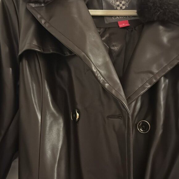 Vince Camuto Espresso Brown Leather Trench Coat Style Faux Fur Collar Size M - Picture 6 of 6